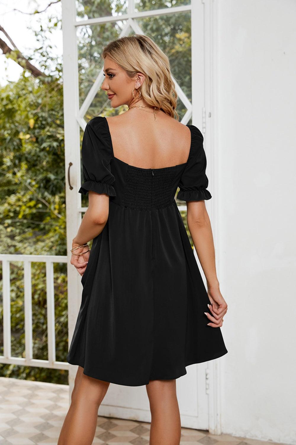 Ruched Square Neck Flounce Sleeve Mini Dress