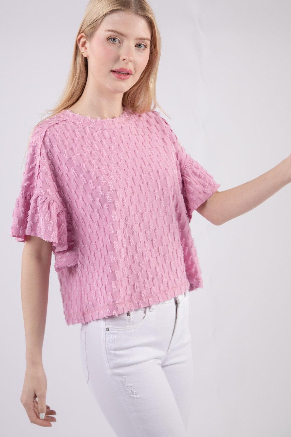 VERY J Full Size Texture Ruffle Short Sleeve Top