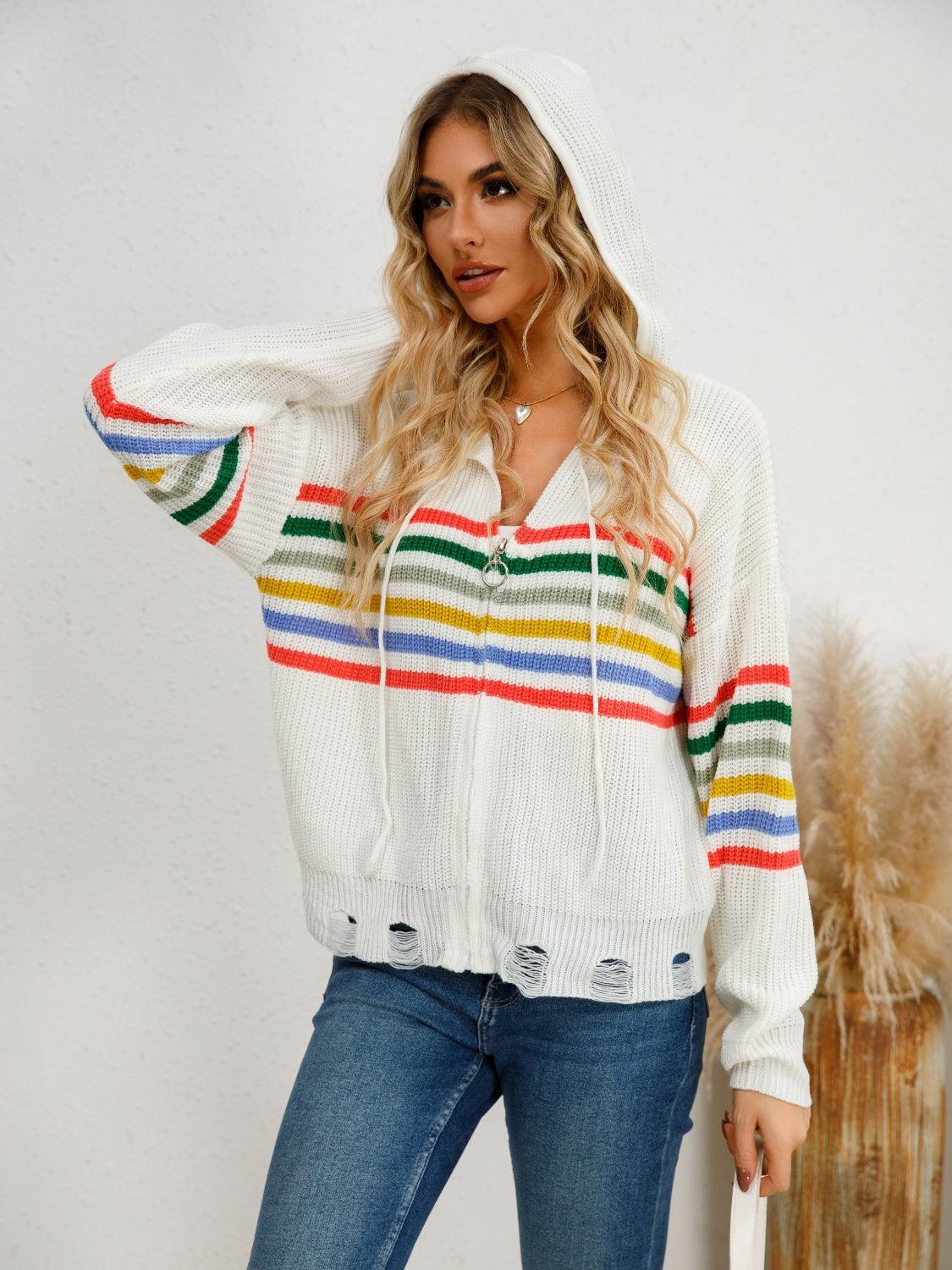 Drawstring Striped Dropped Shoulder Hooded Cardigan