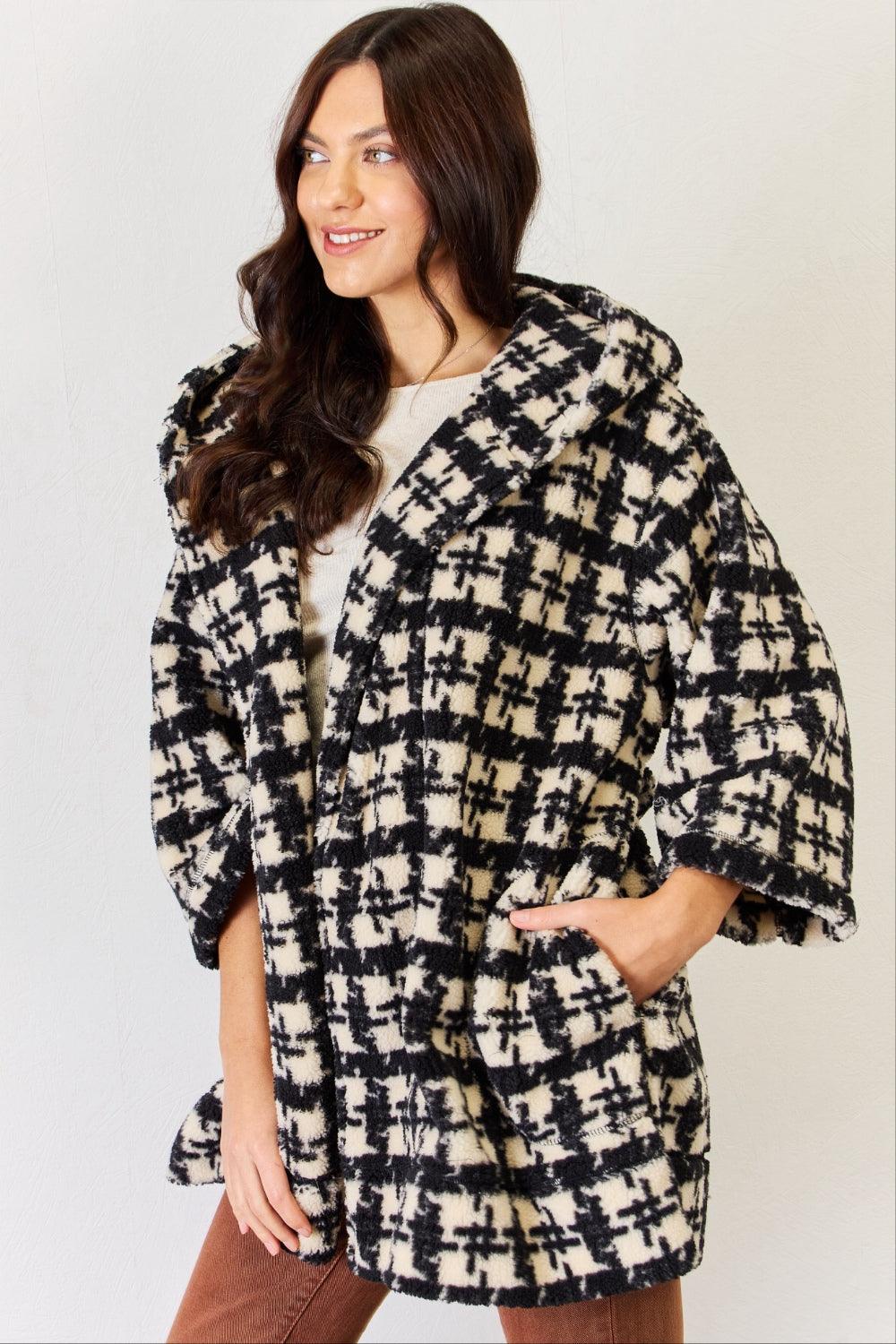 J.NNA Fuzzy Plaid Waist Tie Hooded Robe Cardigan