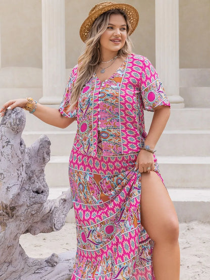 Plus Size Printed V-Neck Half Sleeve Top and Skirt Set Carauana Store