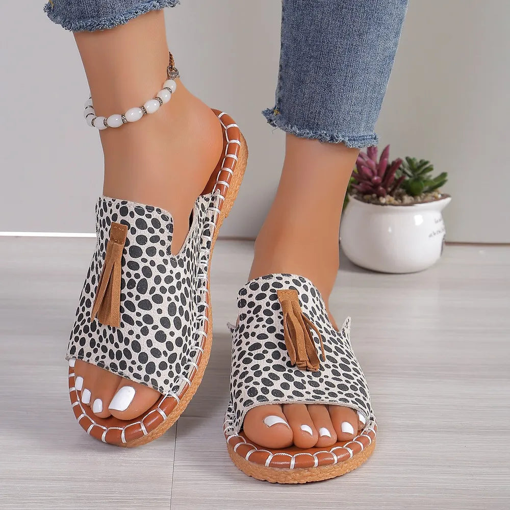 Fringe Leopard Open Toe Sandals CaRaUaNa Fashion