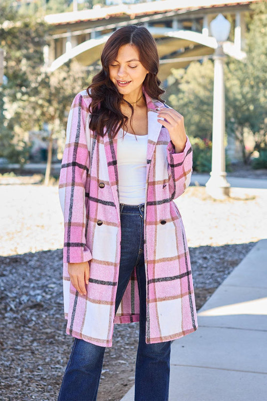 Double Take Full Size Plaid Button Up Lapel Collar Coat Carauana Store