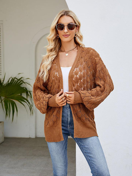 Openwork Open Front Lantern Sleeve Cardigan Carauana Store