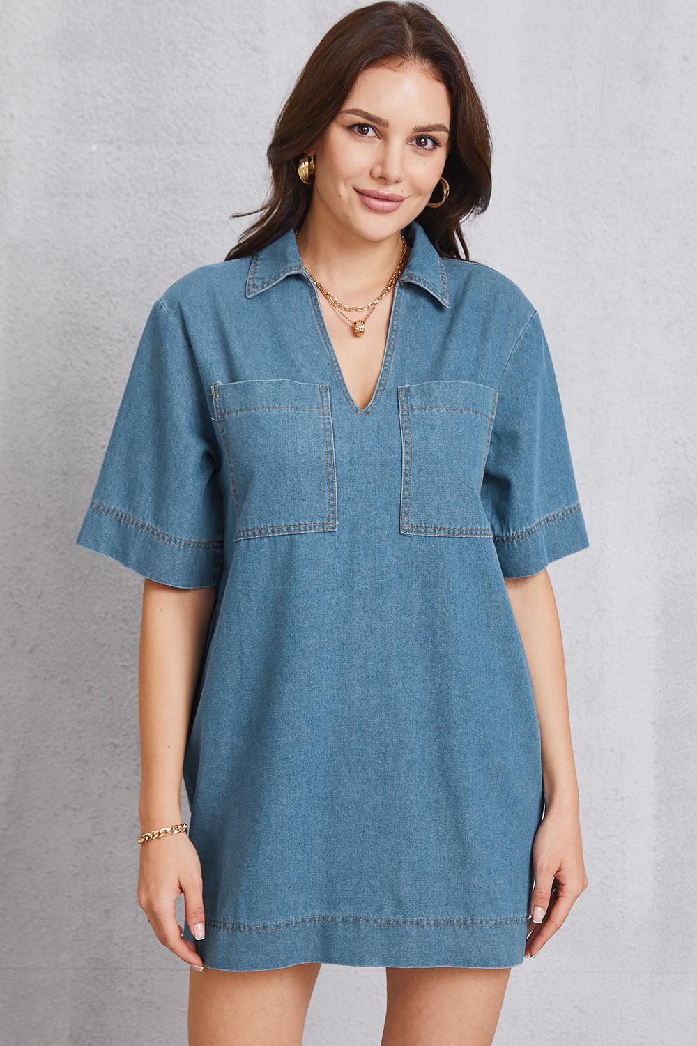 Pocketed Collared Neck Mini Denim Dress