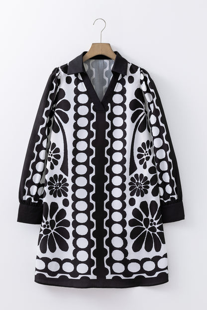 Black Polka Dot Floral Printed V Neck Long Sleeve Shift Mini Dress
