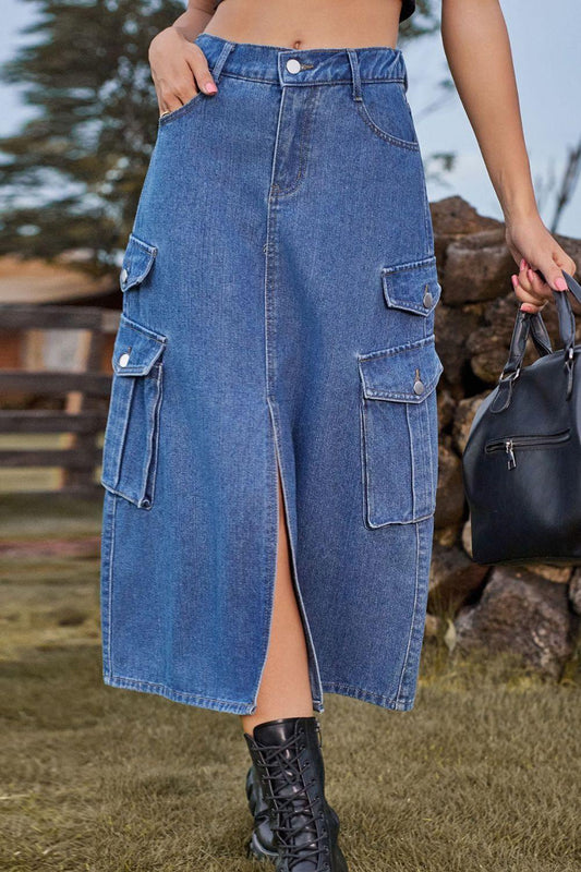 Slit Front Midi Denim Skirt with Pockets Carauana Store
