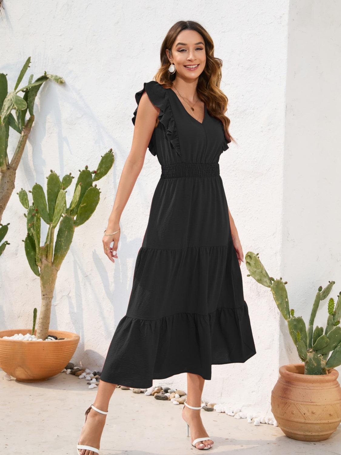 Tiered Ruffled V-Neck Cap Sleeve Dress