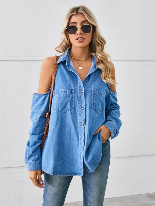 Cold Shoulder Pocketed Button Up Denim Jacket Carauana Store