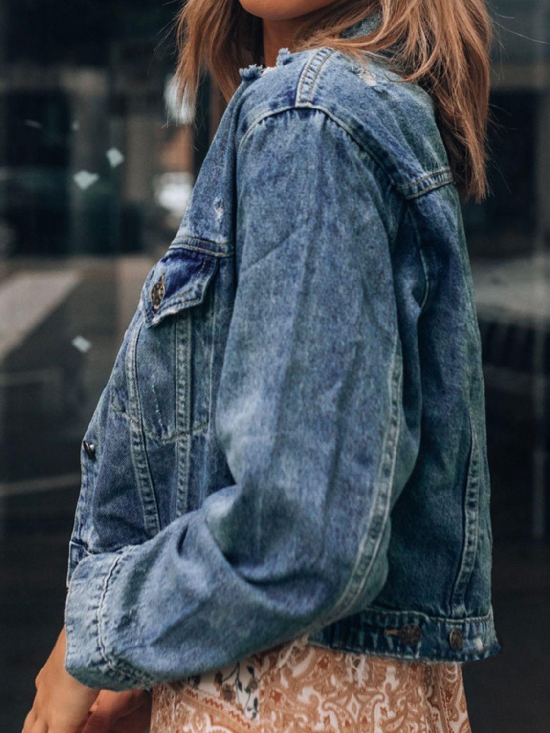 Button Up Collared Neck Distressed Denim Jacket