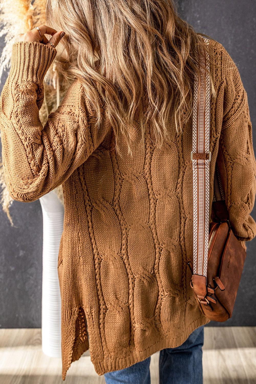 Cable-Knit Dropped Shoulder Slit Cardigan