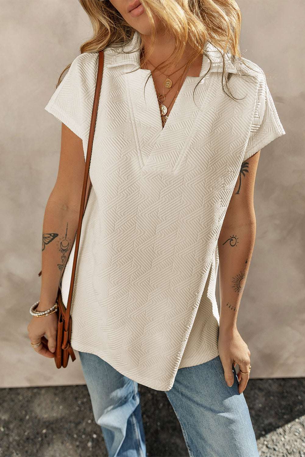 Apricot Textured V Neck Collared Short Sleeve Top CaRaUaNa Fashion