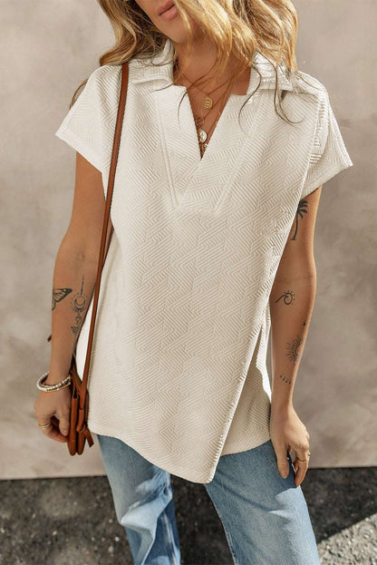 Apricot Textured V Neck Collared Short Sleeve Top CaRaUaNa Fashion