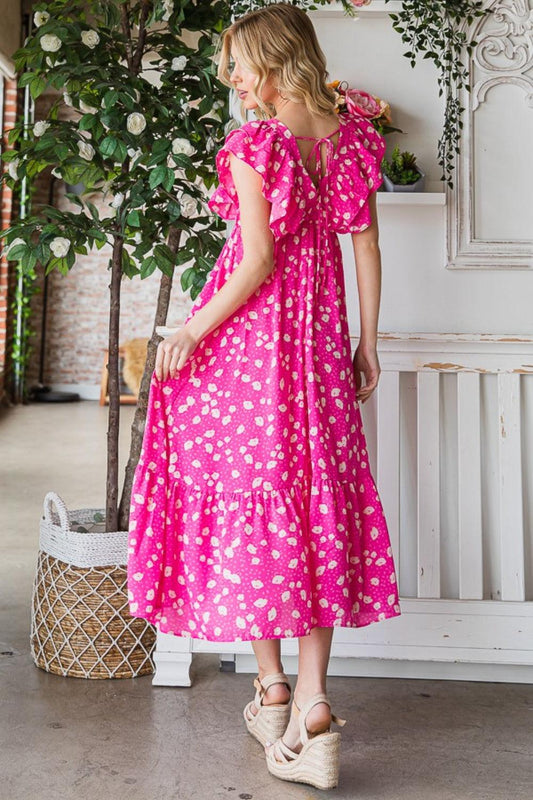 Reborn J Printed V-Neck Ruffle Trim Tiered Midi Dress Carauana Store