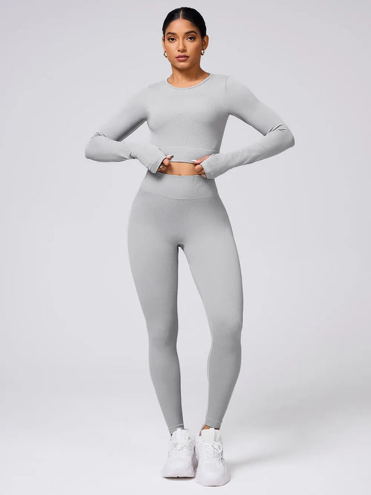 Back Crisscross Round Neck Long Sleeve Top and Leggings Active Set Carauana Store