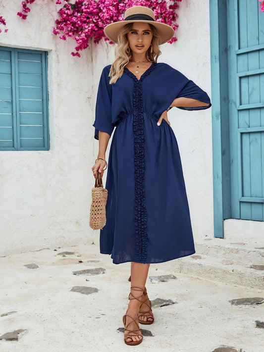 Frill Slit V-Neck Three-Quarter Sleeve Dress Carauana Store