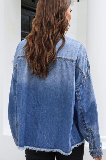 Raw Hem Pocketed Collared Neck Denim Jacket