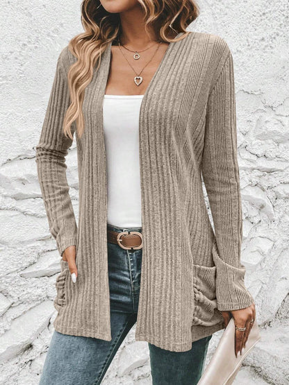 Ribbed Open Front Cardigan with Pockets