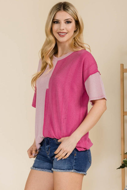 Celeste Full Size Ribbed Color Block Short Sleeve T-Shirt