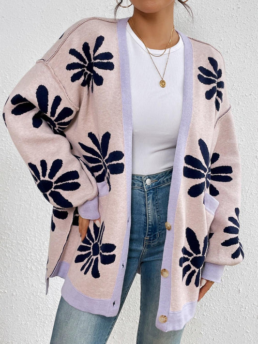Contrast Dropped Shoulder Long Sleeve Cardigan Carauana Store