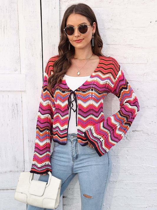 Striped Openwork Tied Cardigan Carauana Store