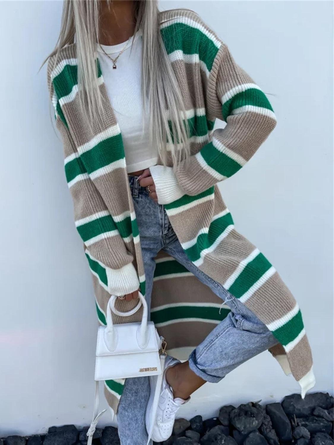 Striped Open Front Longline Cardigan