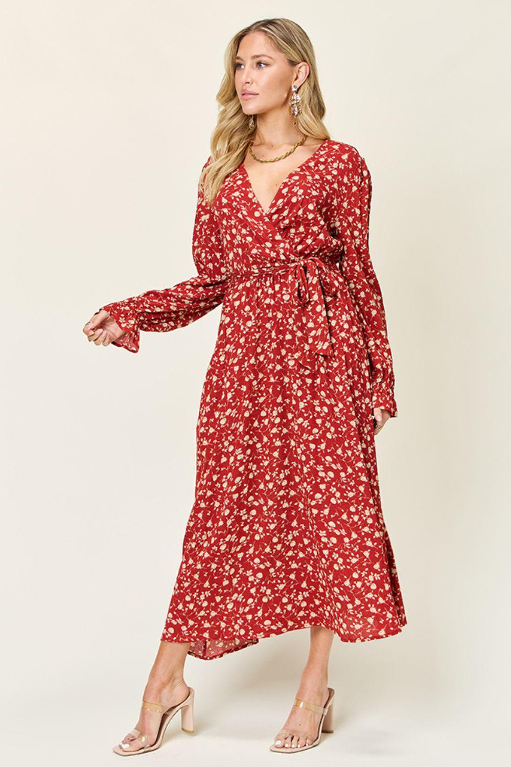 Double Take Full Size Tie Back Flounce Sleeve Dress