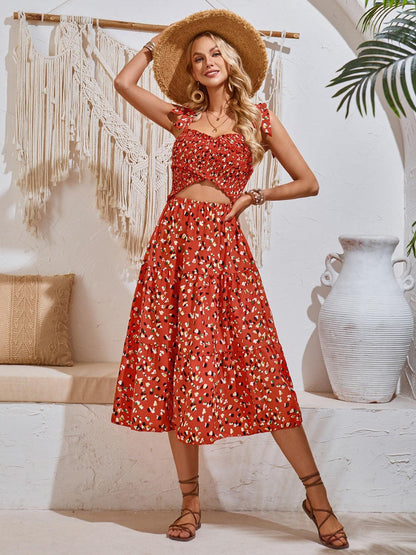 Cutout Printed Tie Shoulder Midi Dress