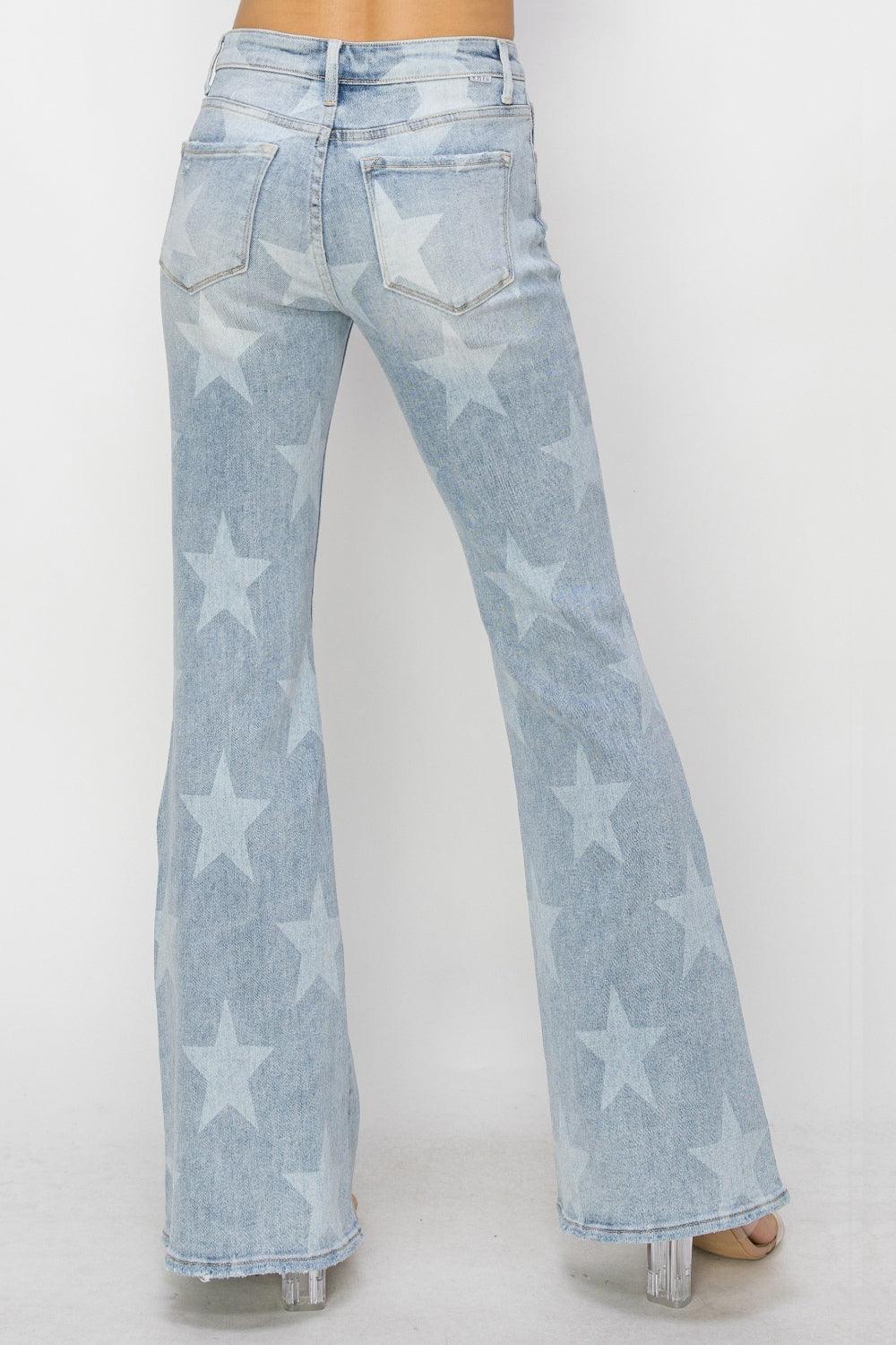 RISEN Mid Rise Button Fly Start Print Flare Jeans