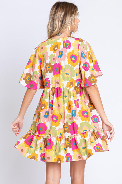 GeeGee Full Size Floral V-Neck Ruffle Trim Mini Dress