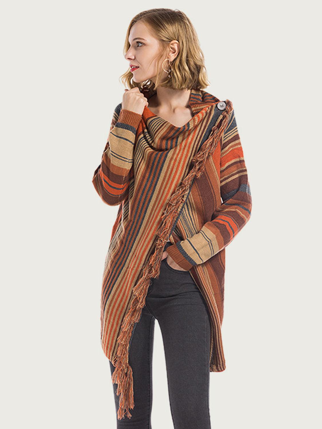 Angel Wings Tassel Striped Open Front Long Sleeve Cardigan