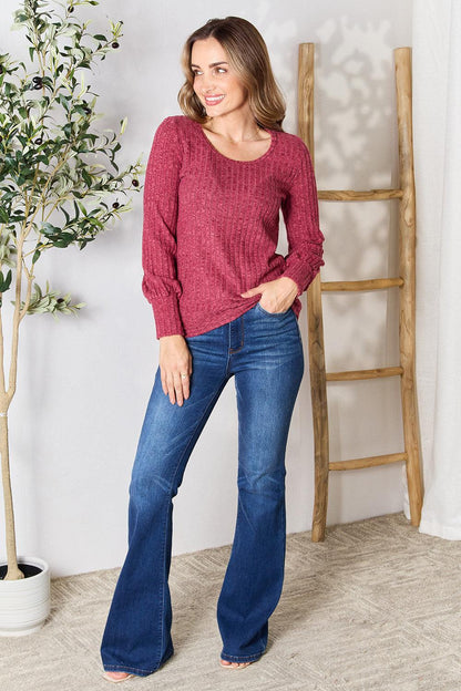 Ribbed Round Neck Lantern Sleeve Blouse