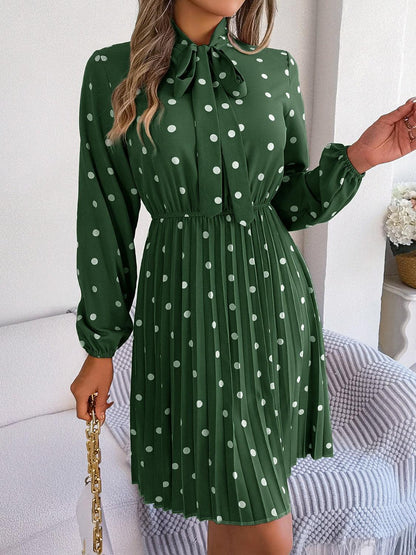 Polka Dot Tie Neck Pleated Dress