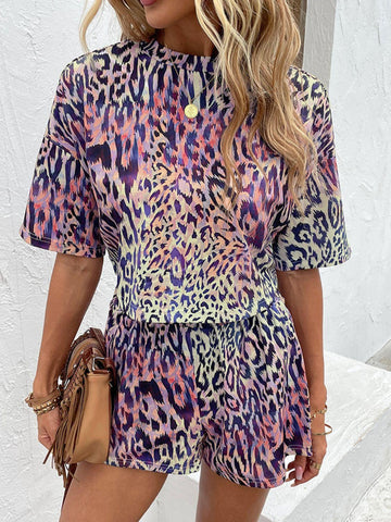 Printed Round Neck Dropped Shoulder Half Sleeve Top and Shorts Set