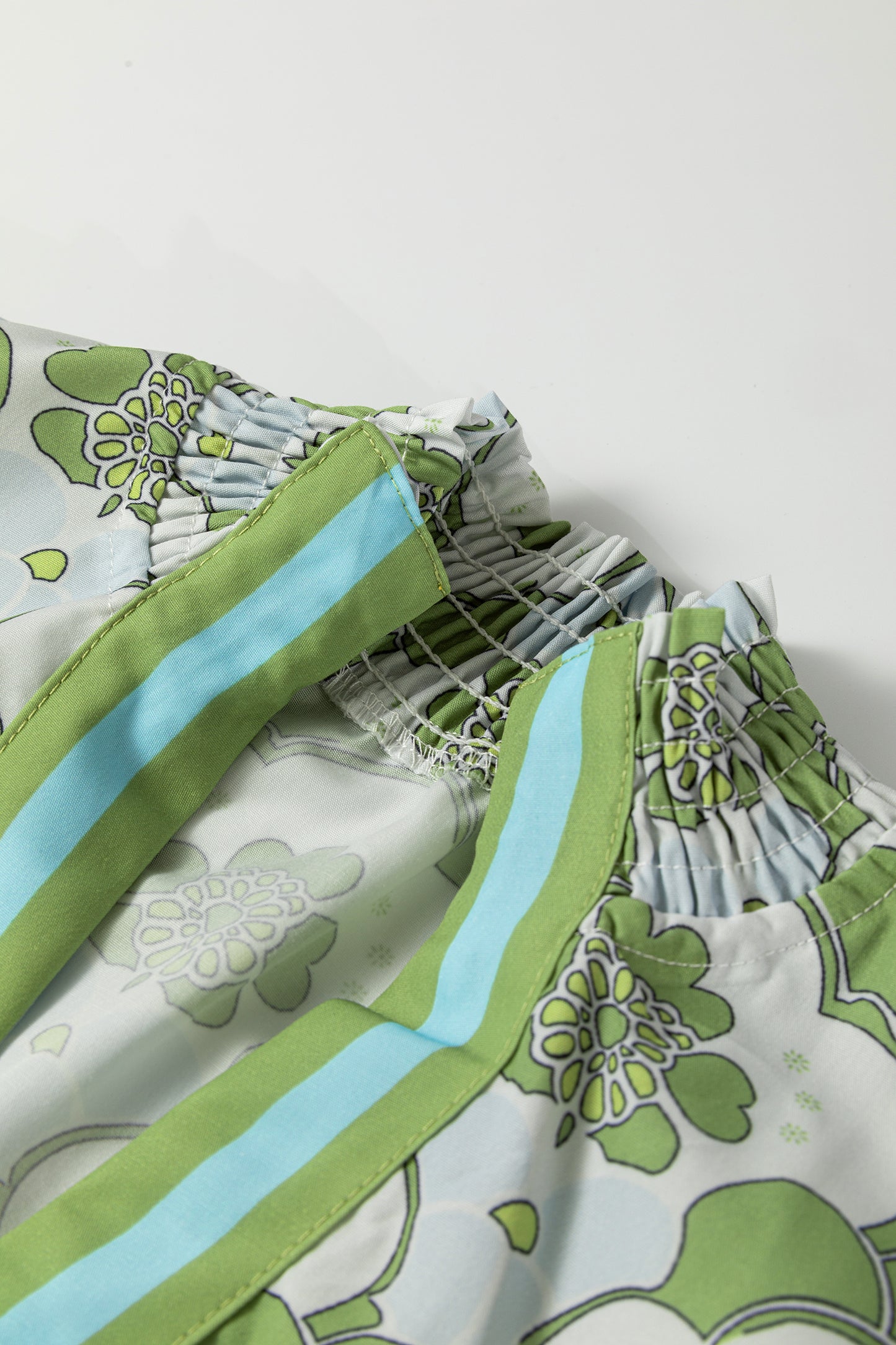 Green Floral Clouds Ruffled Short Sleeve Summer Blouse