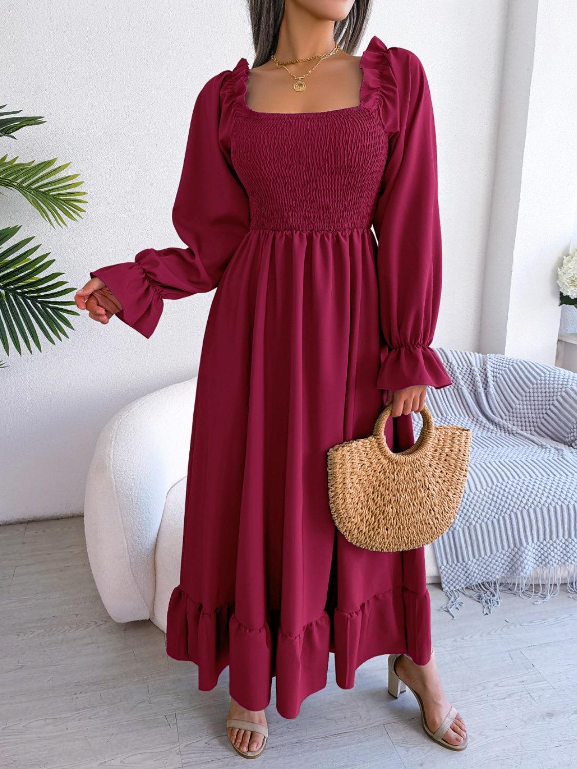 Smocked Square Neck Flounce Sleeve Dress