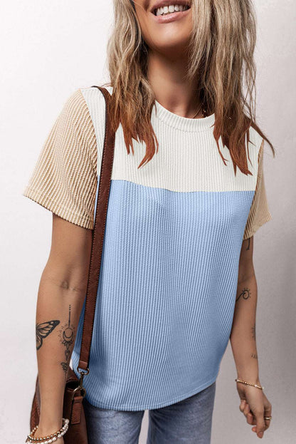Light Blue Rib Textured Colorblock T Shirt CaRaUaNa Fashion