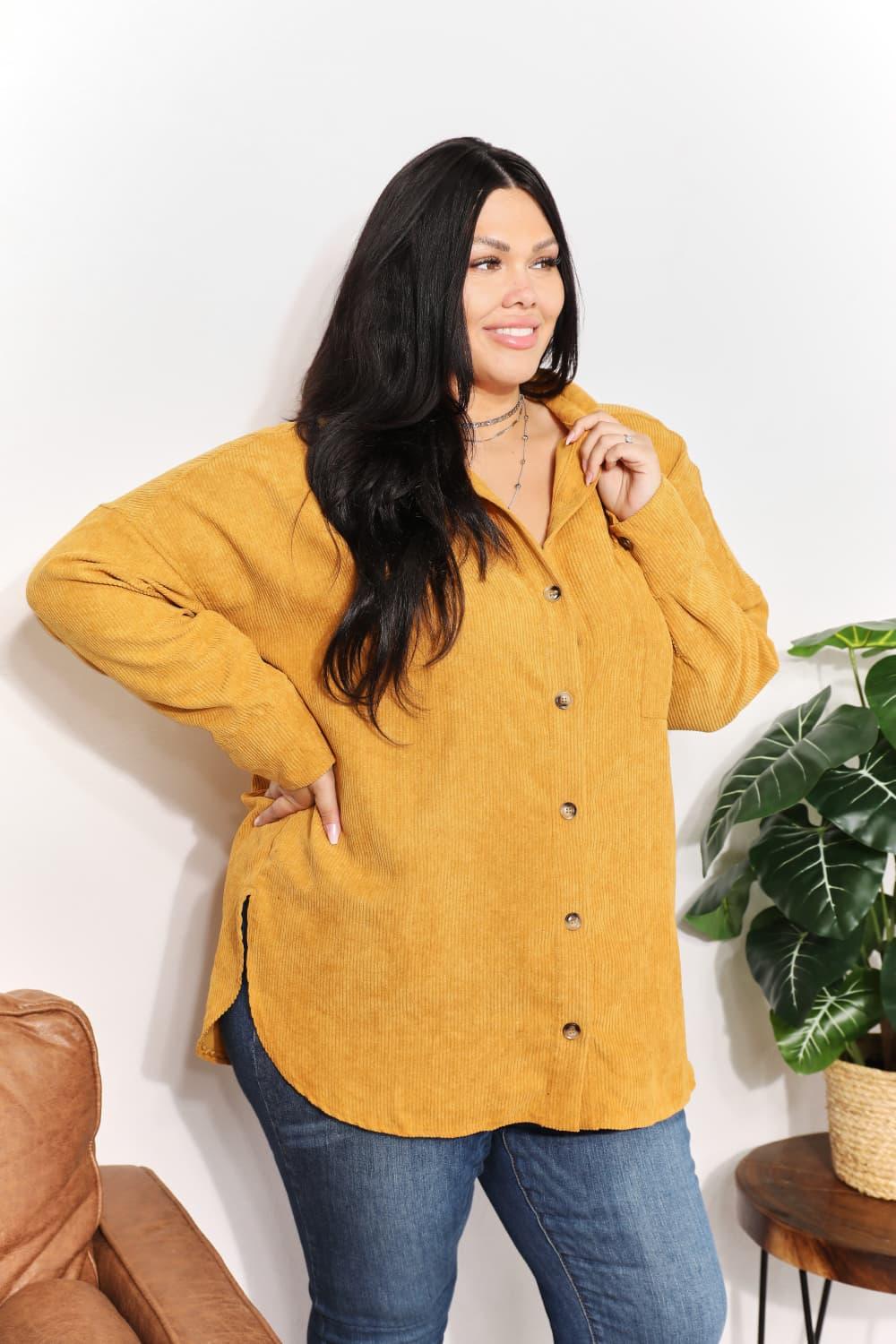 HEYSON Full Size Oversized Corduroy Button-Down Tunic Shirt with Bust Pocket