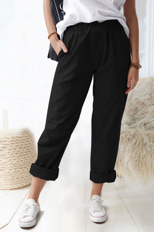 Paperbag Waist Pull-On Pants with Pockets Carauana Store