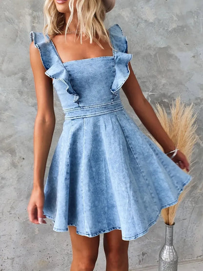 Ruffled Square Neck Denim Mini Dress