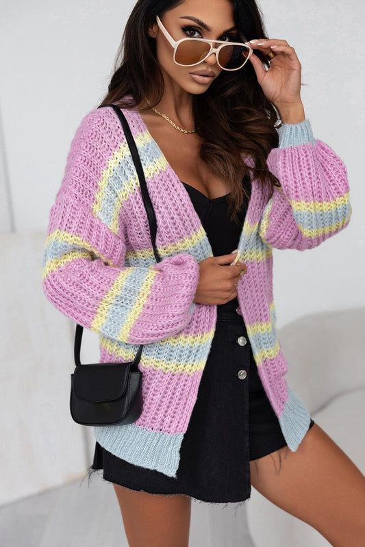 Striped Lantern Sleeve Dropped Shoulder Cardigan Carauana Store