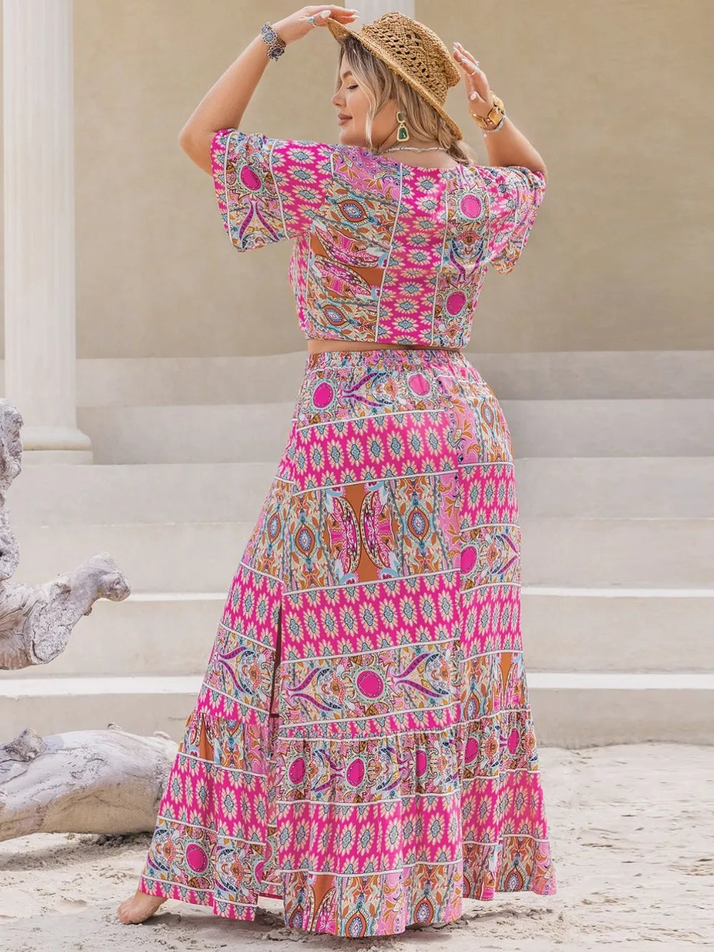 Plus Size Printed V-Neck Half Sleeve Top and Skirt Set Carauana Store