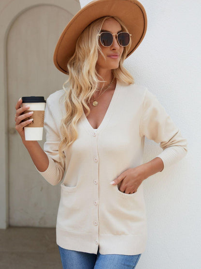 Pocketed V-Neck Button Up Long Sleeve Cardigan