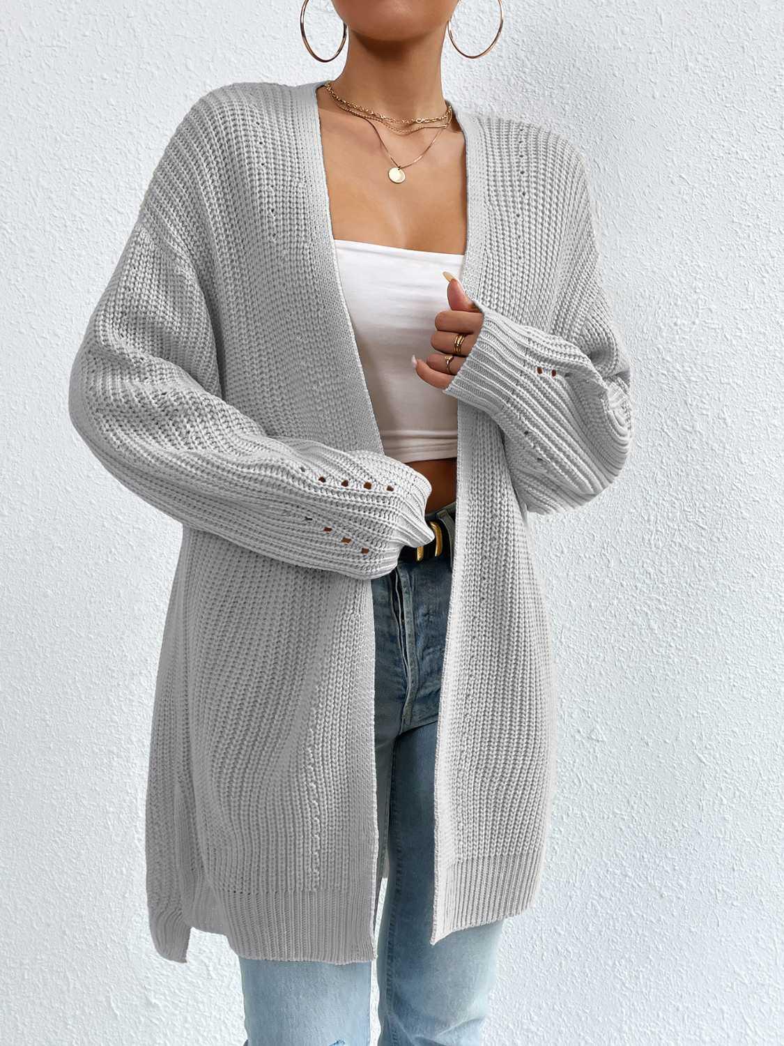 Open Front Dropped Shoulder Slit Cardigan