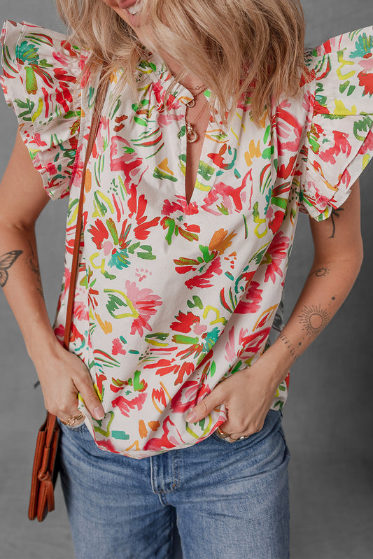 Multicolour Allover Floral Printed Flutter Sleeve Split Neck Blouse