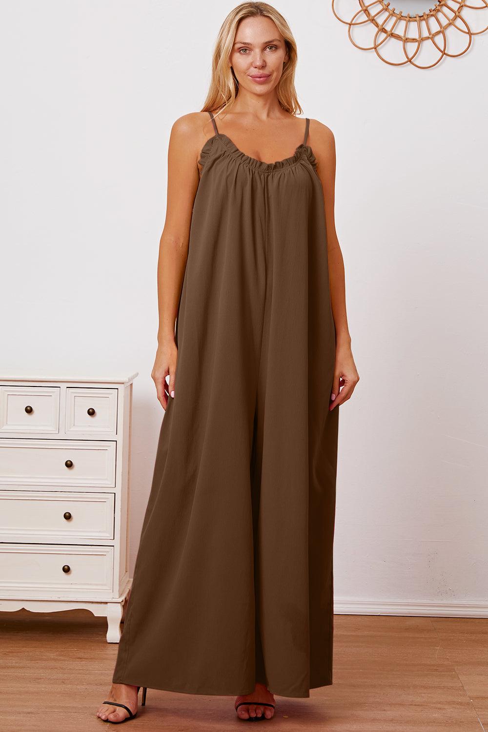 Double Take Full Size Ruffle Trim Tie Back Cami Jumpsuit with Pockets CaRaUaNa Fashion