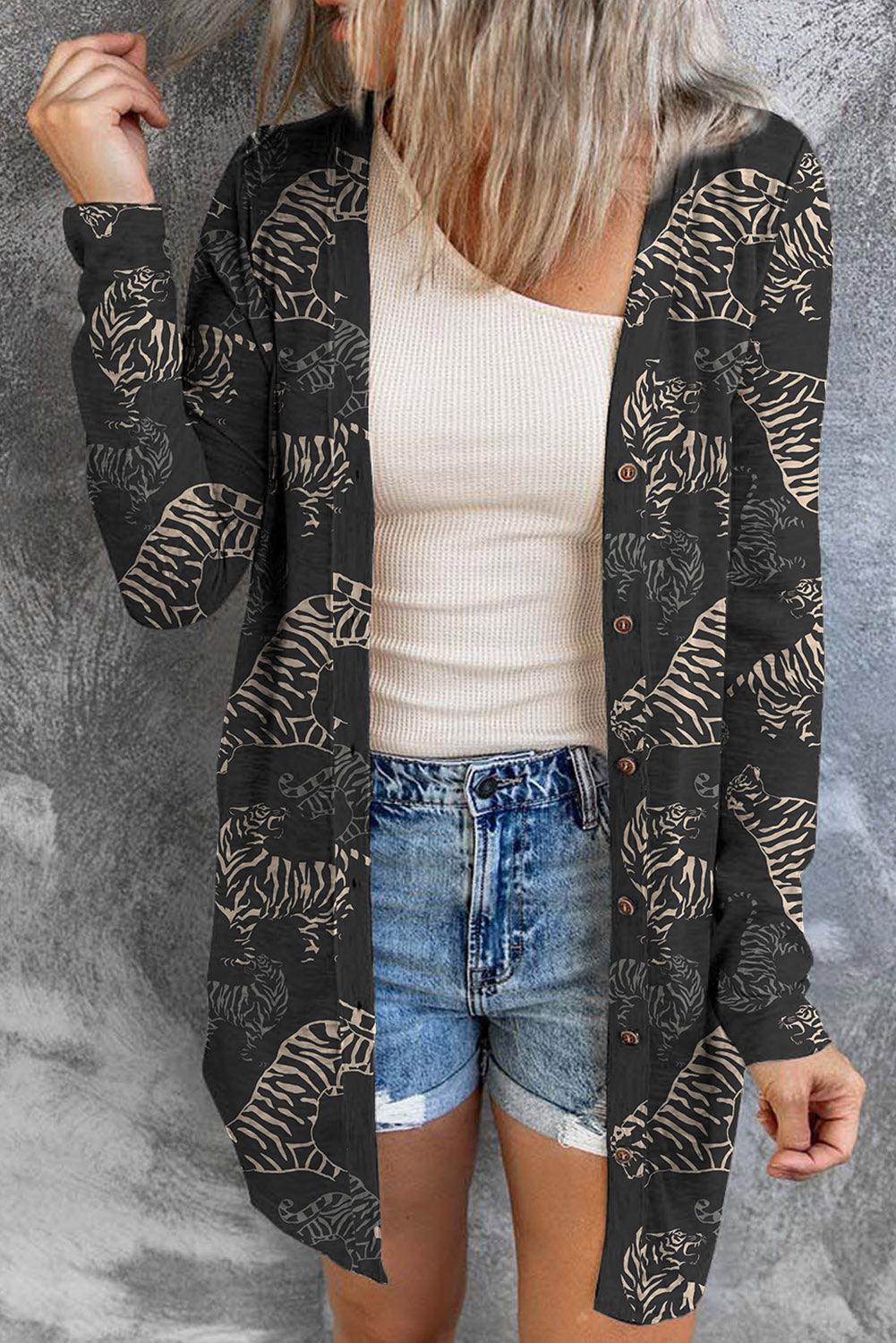 Tiger Print Button Up Long Sleeve Cardigan