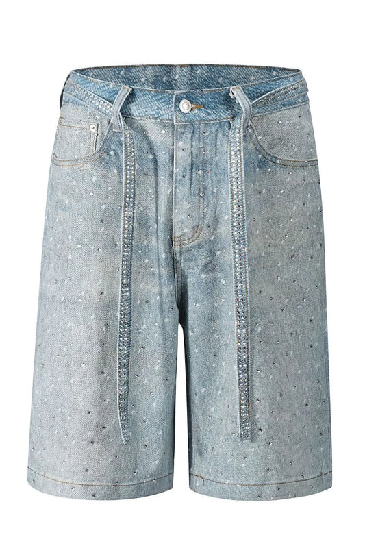 Men's Washed Rhinestone Denim Bermuda Shorts Carauana Store