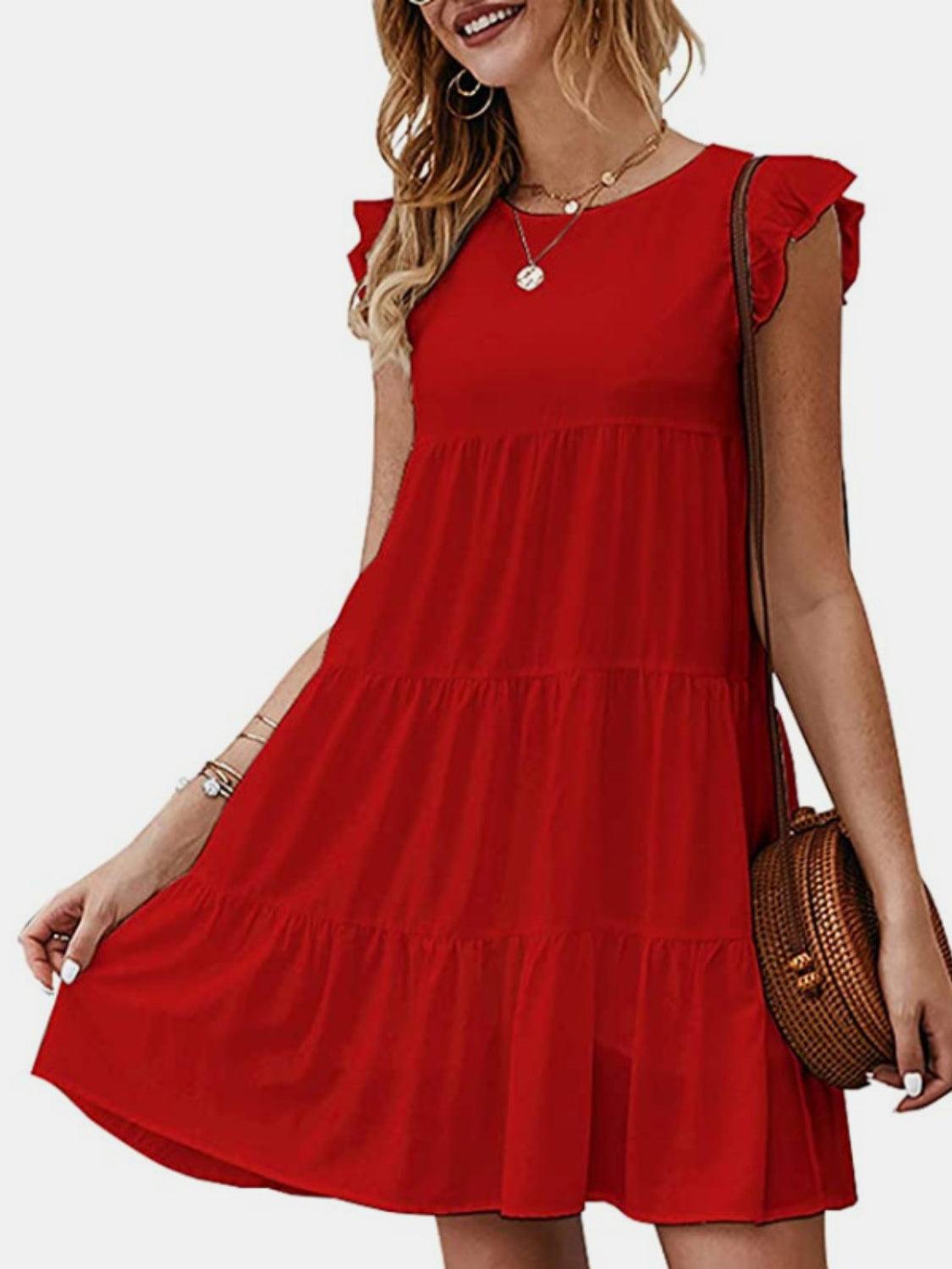 Ruffled Round Neck Cap Sleeve Mini Dress