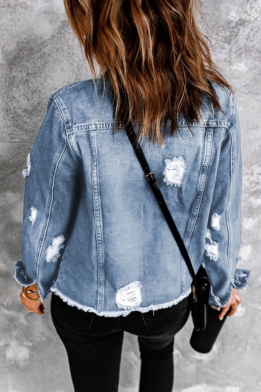 Distressed Raw Hem Denim Jacket